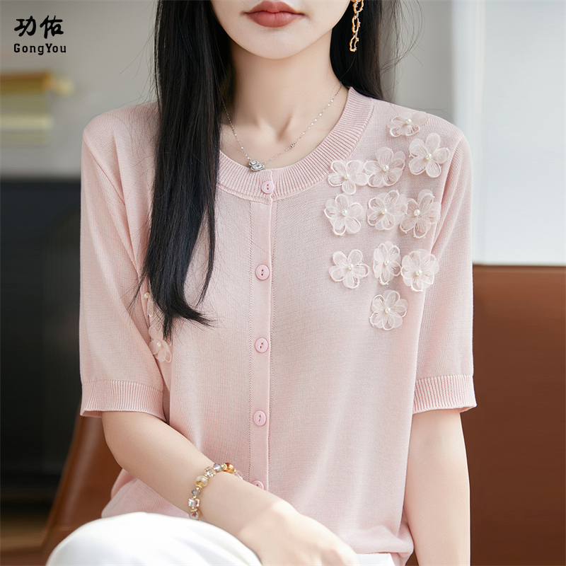 13722717.【功佑】圆领钉珠花朵针织短袖开衫【莱赛尔】