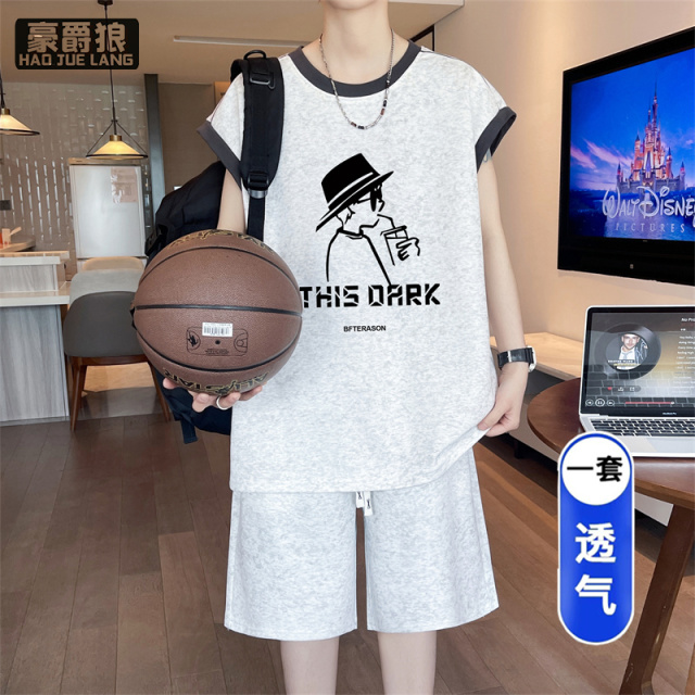 13722755.夏季新款男士休闲宽松时尚无袖背心短裤套装青少年透气外穿薄款潮