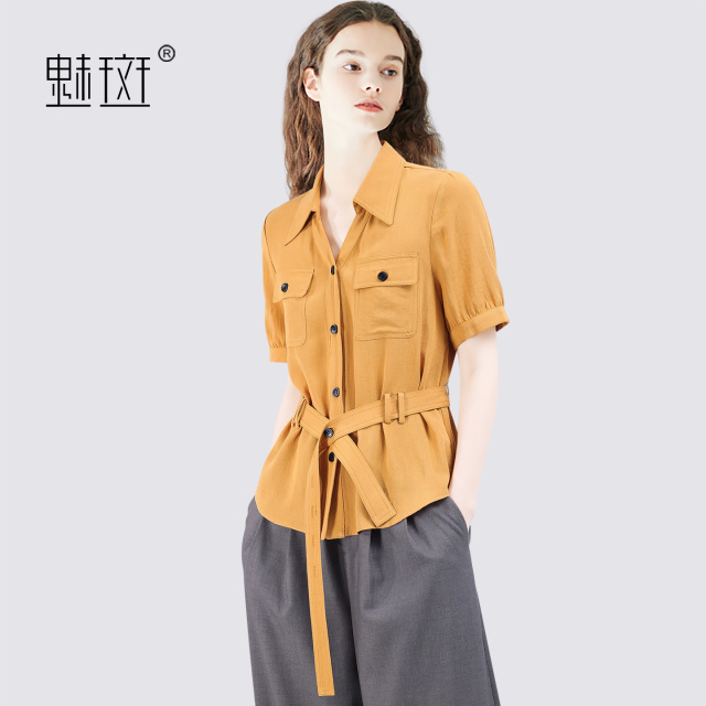 13721506.魅斑polo领收腰系带短袖衬衫衬衣
