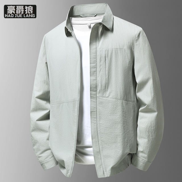 13722821.衬衫式薄款夹克男春季翻领纯色短款全压胶速干防水防晒服外套男装