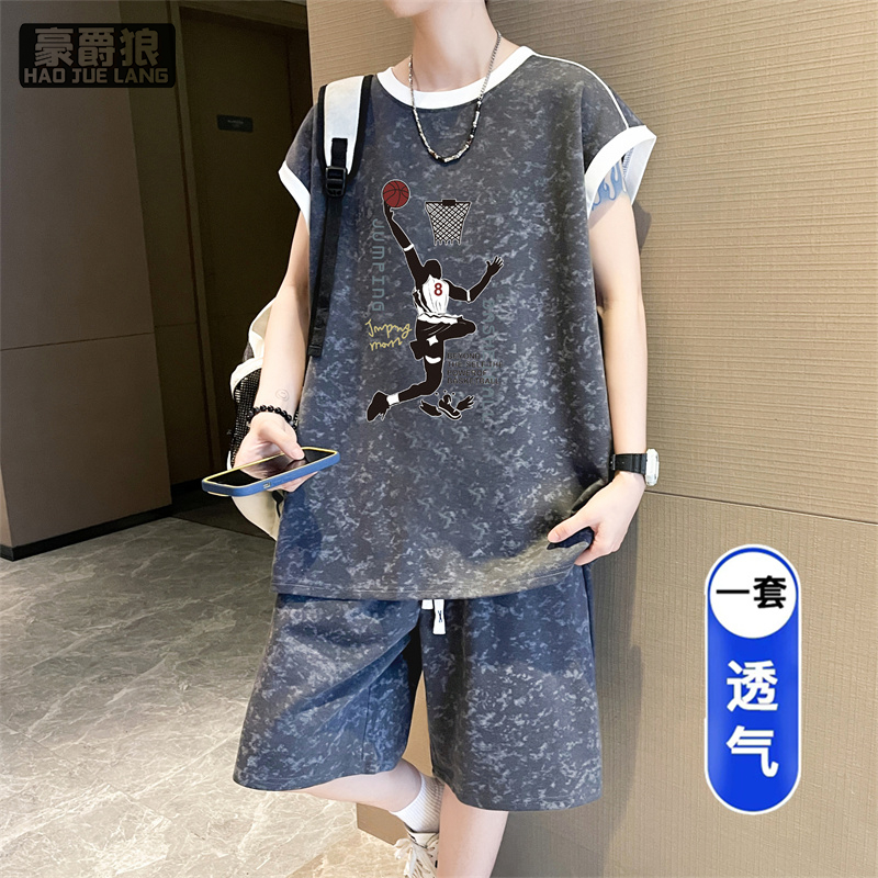 13722824.夏季新款青少年透气外穿薄款潮休闲宽松时尚男士无袖背心短裤套装
