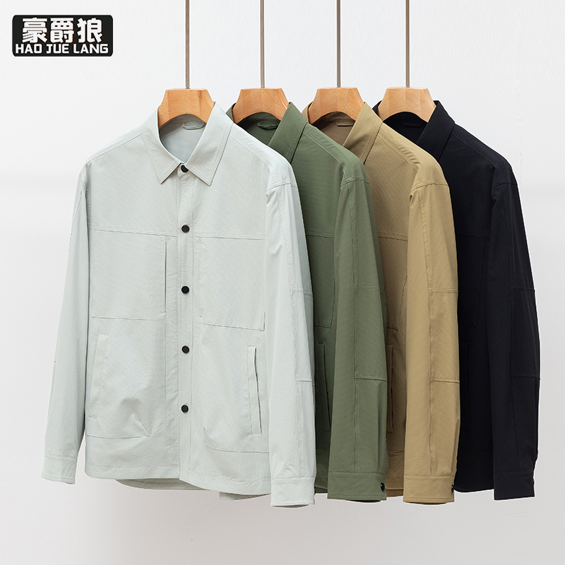 13722829.春秋季轻薄款衬衣领夹克男中年商务休闲男装翻领茄克外套爸爸装