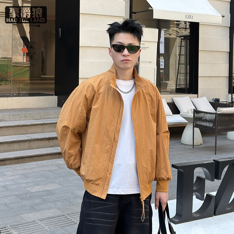 13722760.立领拉链夹克男时尚春季新款美式复古廓形机车风纯色宽松潮牌外套