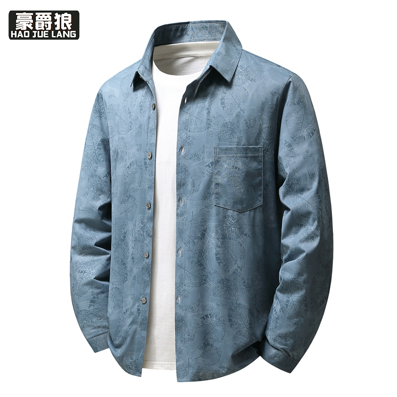 13722832.长袖衬衫夹克外套男春秋新款中年商务休闲抗皱免烫凉感印花衬衣男
