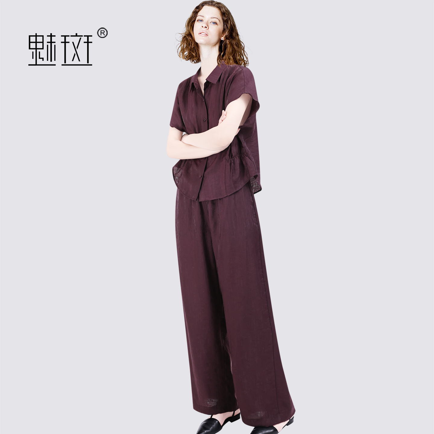 13721526.魅斑紫色短袖衬衫阔腿裤两件套