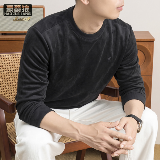13722814.秋冬季圆领奥粒绒卫衣男士新款加绒加厚保暖抓绒打底衫套头上衣