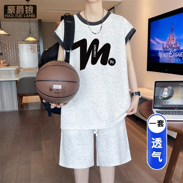 13722849.青少年男夏季无袖背心短裤运动套装初高中学生潮流休闲宽松两件套