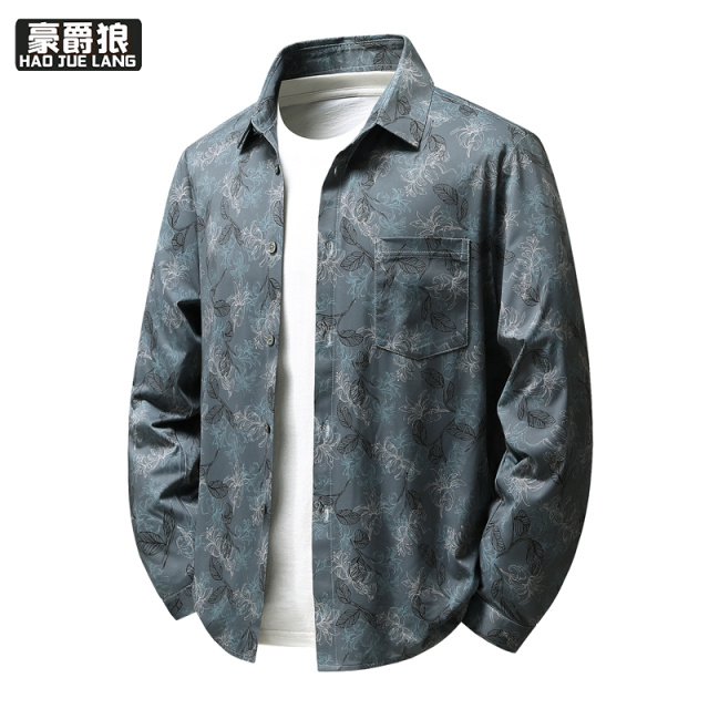 13722832.长袖衬衫夹克外套男春秋新款中年商务休闲抗皱免烫凉感印花衬衣男