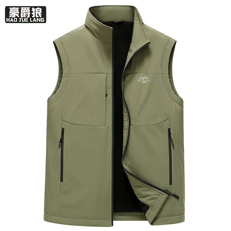 13722842.秋冬薄绒马甲男中年爸爸户外工装背心坎肩保暖无袖加绒马夹