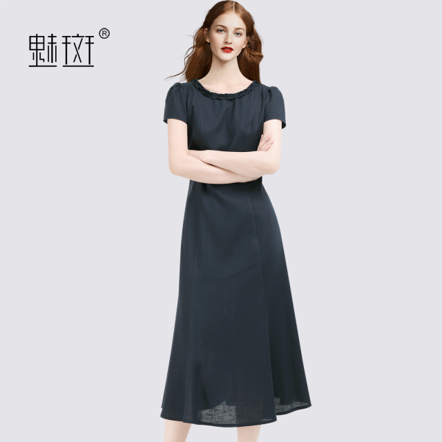 13721505.魅斑木耳边圆领掐腰绝美连衣裙天丝裙子