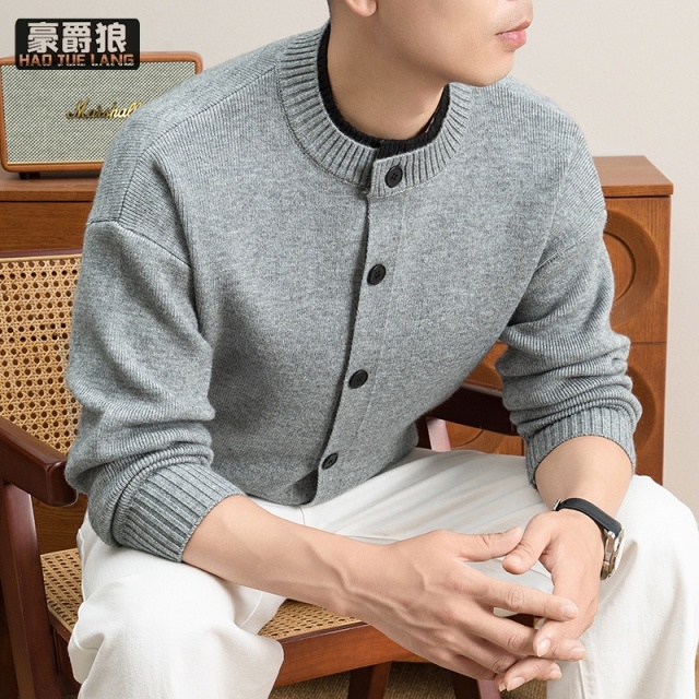 13722780.针织开衫外套男春秋季线衣美式潮牌休闲圆领毛衣宽松纯色夹克