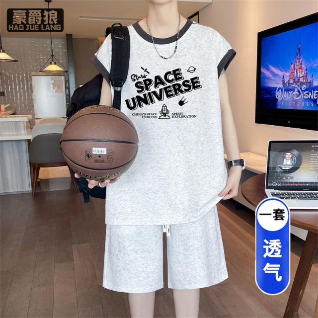 13722758.夏季无袖t恤男孩初高中运动学生衣服青少年大童男装背心短裤套装