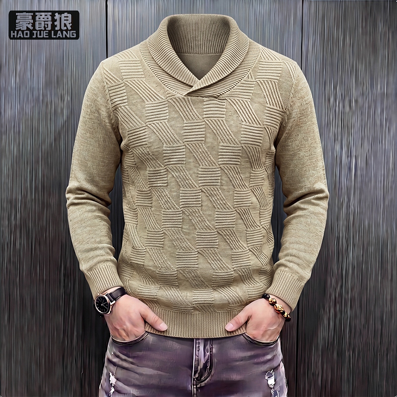 13722798.青果领针织衫男士春季新款潮流时尚提花内搭休闲纯色毛衣男装