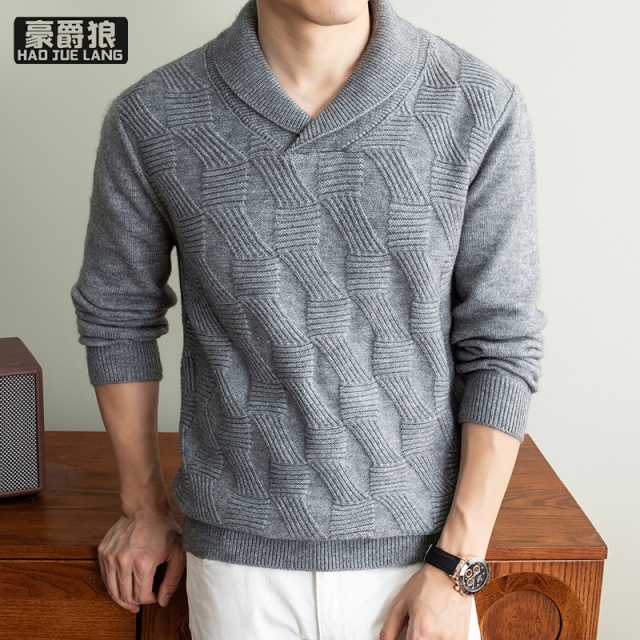 13722798.青果领针织衫男士春季新款潮流时尚提花内搭休闲纯色毛衣男装
