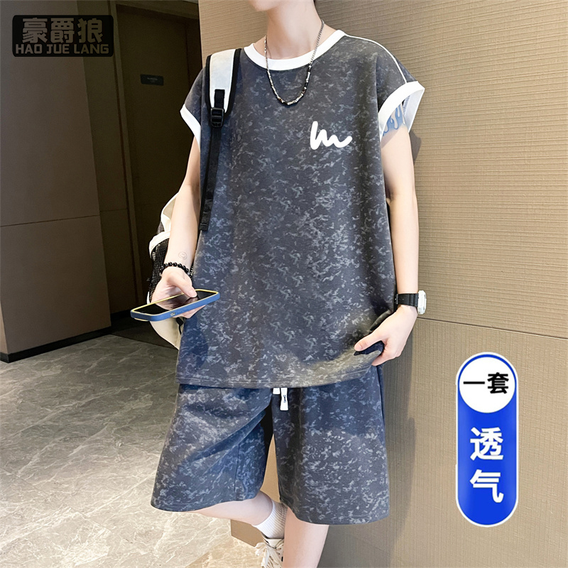 13722850.青少年男装一套搭配帅气夏季运动背心短裤套装男孩初中生无袖t恤