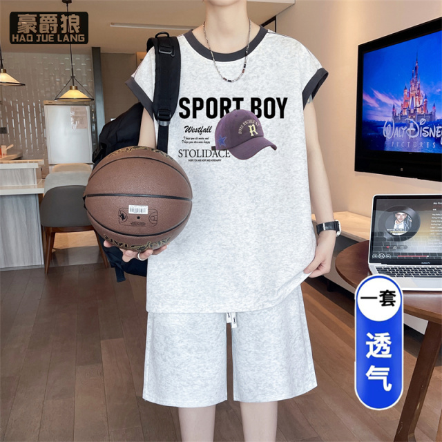 13722757.夏装青少年无袖坎肩背心运动套装胖男孩初中学生休闲运动短裤帅气
