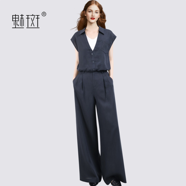 13721524.魅斑藏青色Polo领衬衫阔腿裤两件套套装