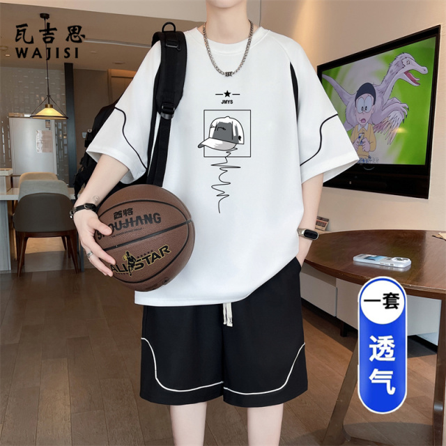 13728971.休闲运动套装男夏季新款大码宽松冰丝短袖t恤短裤搭配帅气一整套