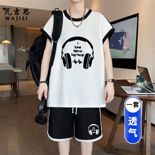 13729017.无袖休闲运动套装男装青少年夏季学生帅气宽松背心T恤短裤两件套