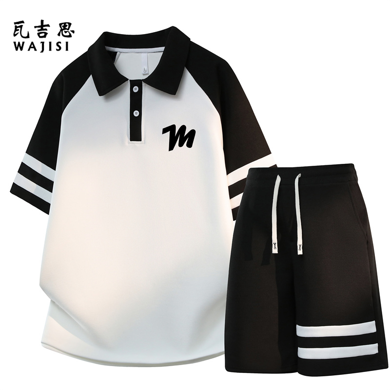 13729006.夏季青少年冰丝短袖t恤男生高初中生翻领POLO衫大童休闲运动套装