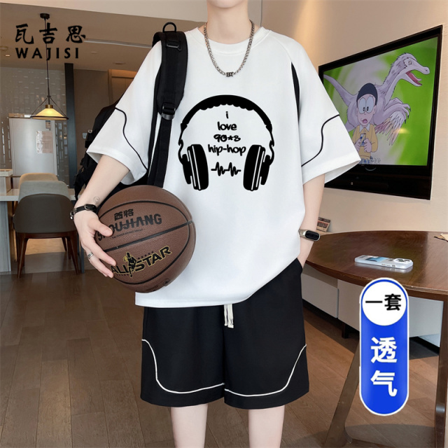 13728952.冰丝短袖t恤男孩夏季新款初高中学生套装大童青少年运动篮球衣服