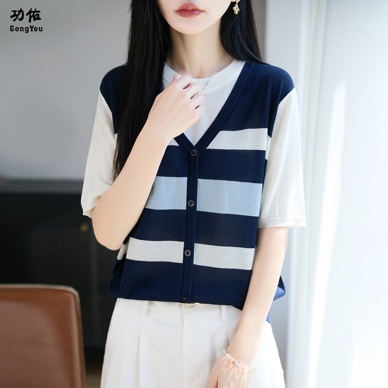 13728906.【功佑】圆领撞色条纹假两件针织短袖【莱赛尔】