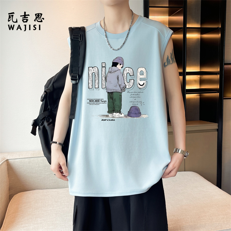 13729012.棉质无袖T恤男时尚新款宽松圆领卡通印花青少年休闲痞帅潮流上衣