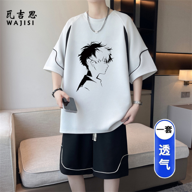 13728917.休闲运动套装男夏季新款大码宽松冰丝短袖t恤短裤帅气搭配一整套