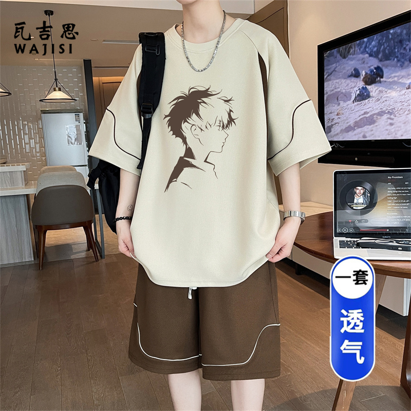 13728917.休闲运动套装男夏季新款大码宽松冰丝短袖t恤短裤帅气搭配一整套