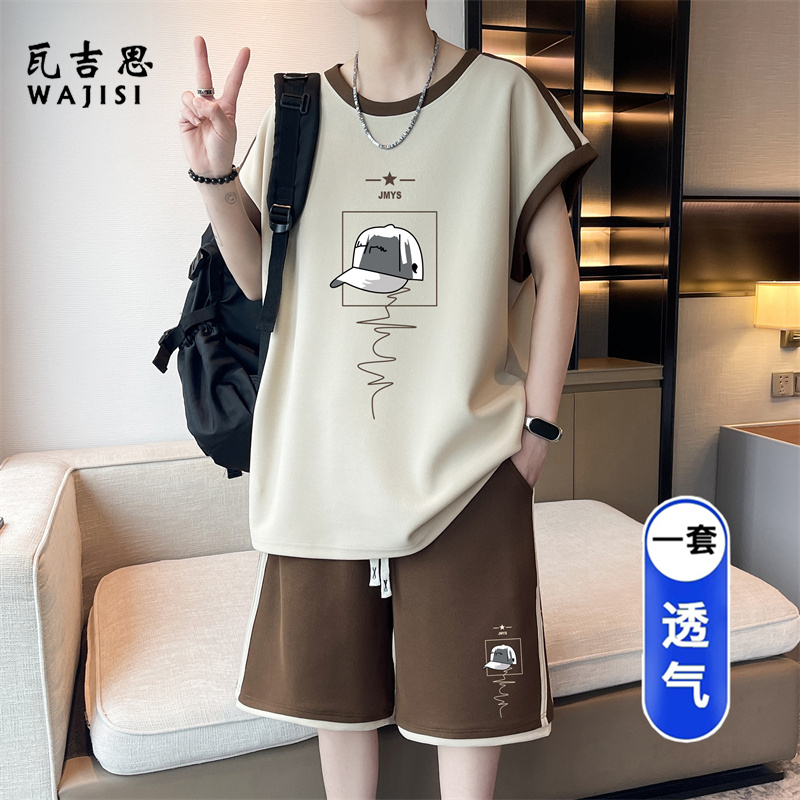 13728980.青少年无袖睡衣男款冰丝背心短裤运动服男大童时尚休闲家居服套装