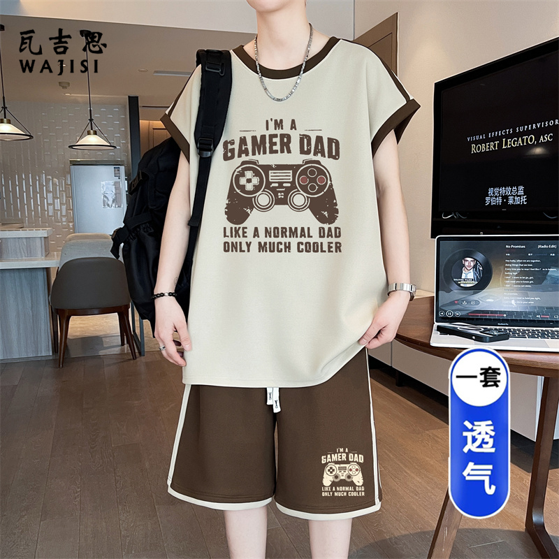 13728973.男士冰丝运动套装夏季薄款无袖背心搭休闲运动速干短裤篮球服