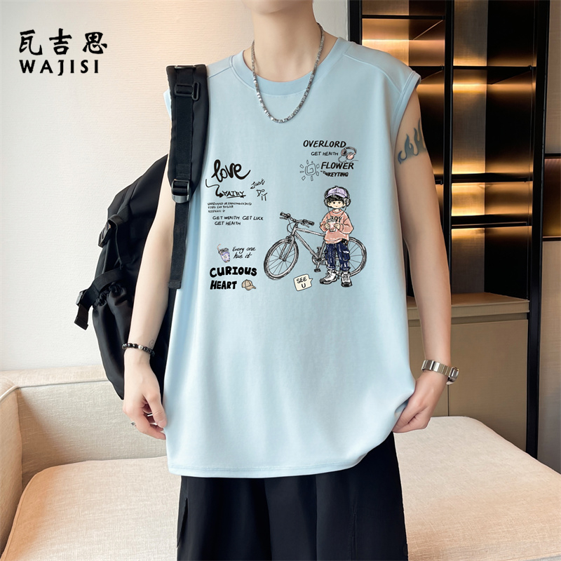 13728982.夏季青少年男款无袖T恤高中初中生运动背心潮流痞帅学生宽松上衣