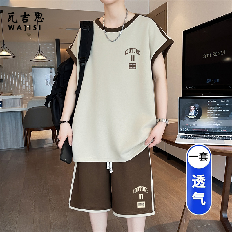 13729021.夏季薄款冰丝背心男孩潮流无袖t恤青少年初中生大童休闲运动套装