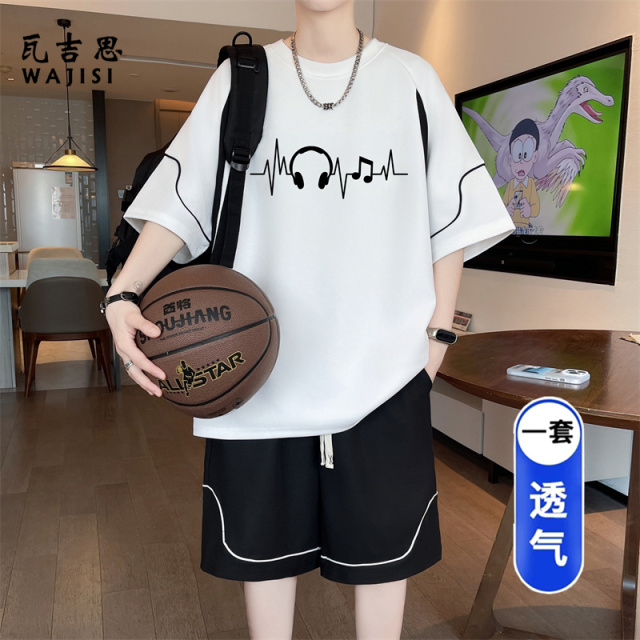 13728929.青少年休闲运动短袖套装男装夏季潮流大码宽松百搭T恤短裤两件套