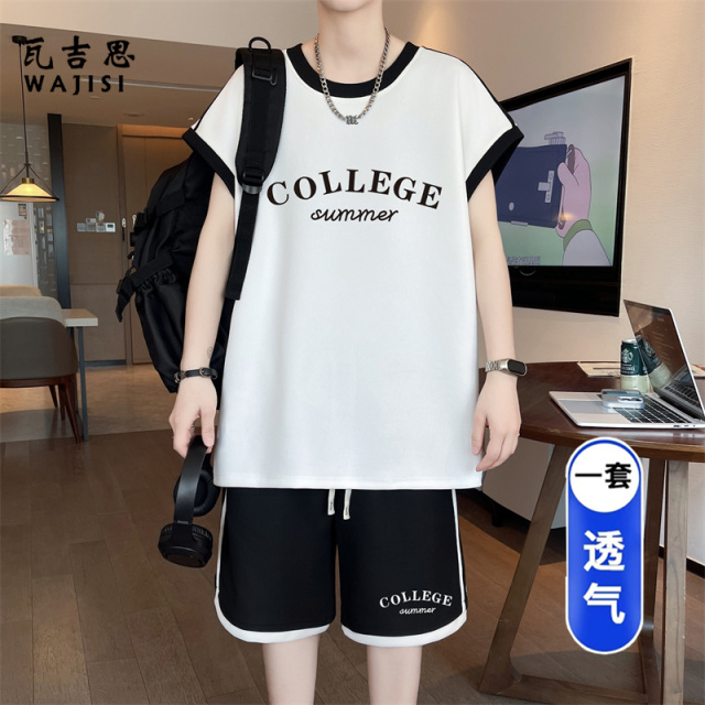 13729008.夏季薄款冰丝背心初中生男孩潮流无袖t恤青少年大童休闲运动套装