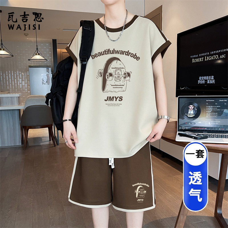 13729016.青少年睡衣男款初中学生背心短裤夏季冰丝薄款大童无袖家居服套装