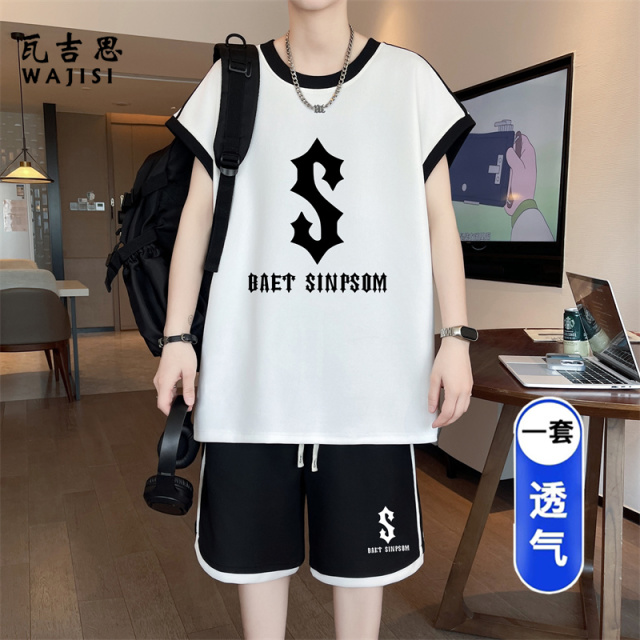 13728956.夏季青少年男款无袖套装高中初中学生T恤背心篮球运动服宽松球衣