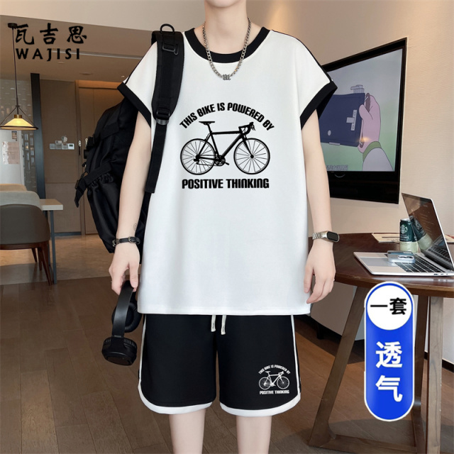 13729001.无袖休闲运动套装男夏季新款撞色冰丝背心两件套青少年穿搭一整套
