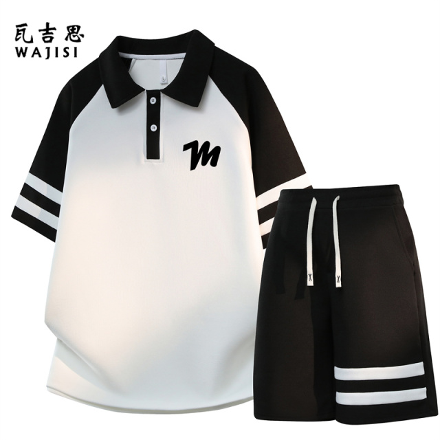 13729006.夏季青少年冰丝短袖t恤男生高初中生翻领POLO衫大童休闲运动套装