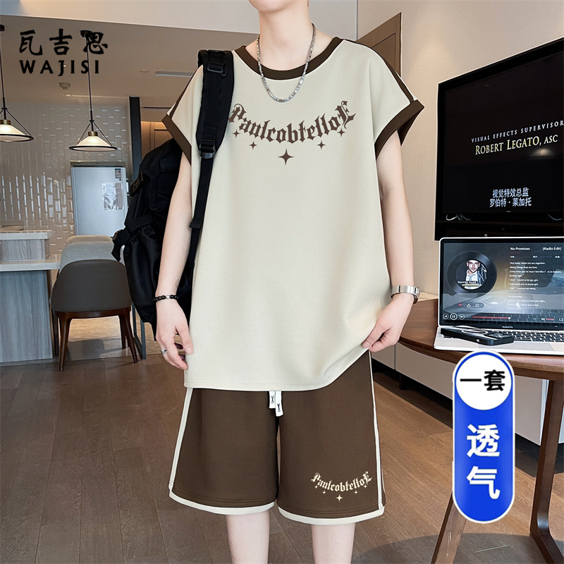 13728997.青少年无袖t恤男初中高中学生潮流背心短裤大童夏季帅气运动套装