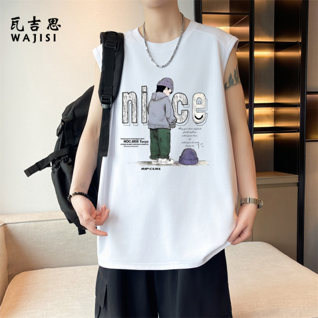13729012.棉质无袖T恤男时尚新款宽松圆领卡通印花青少年休闲痞帅潮流上衣