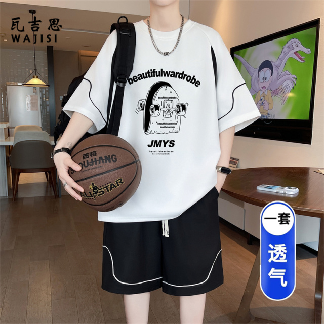 13728950.夏季潮牌百搭青少年宽松拼色字母套装休闲男士帅气短袖短裤两件装