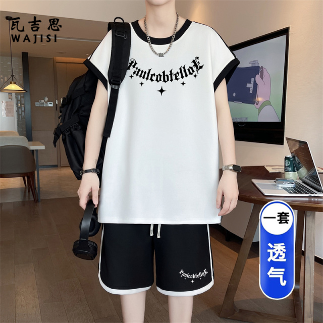 13728997.青少年无袖t恤男初中高中学生潮流背心短裤大童夏季帅气运动套装