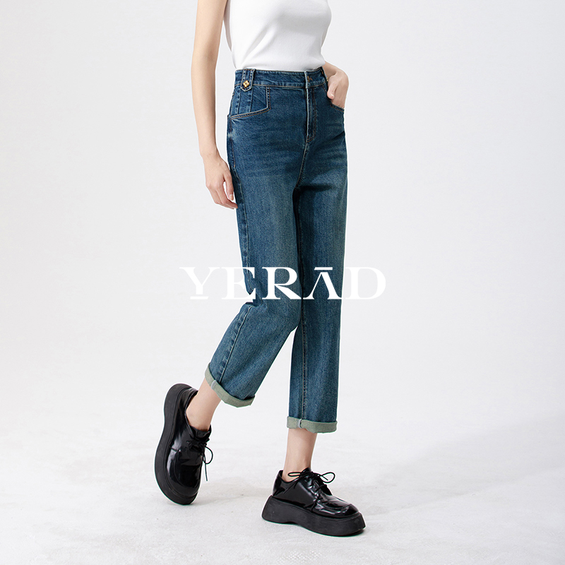 13734377.【娅丽达】高腰九分锥形牛仔直筒裤女牛仔裤夏款