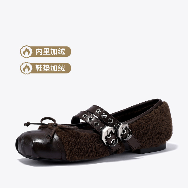 13736094.BellaLily2026秋冬新款法式复古蝴蝶结玛丽珍鞋芭蕾风双扣小皮鞋