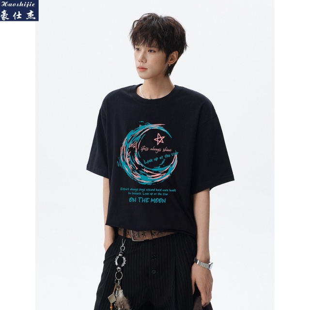 13736893.《休闲简约》夏季爆款百搭纯棉短袖T恤男港风潮流半袖透气T恤