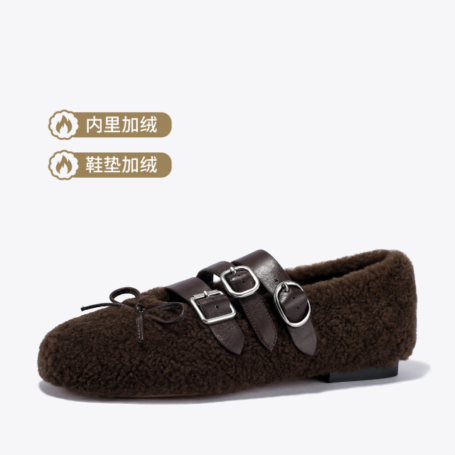 13736283.BellaLily2026冬款羊毛玛丽珍鞋女加绒保暖皮带扣毛毛鞋平底单鞋