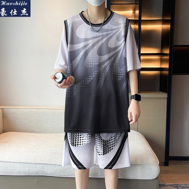 13736897.《时髦透气》夏季新款青少年假两件休闲速干透气运动篮球套装