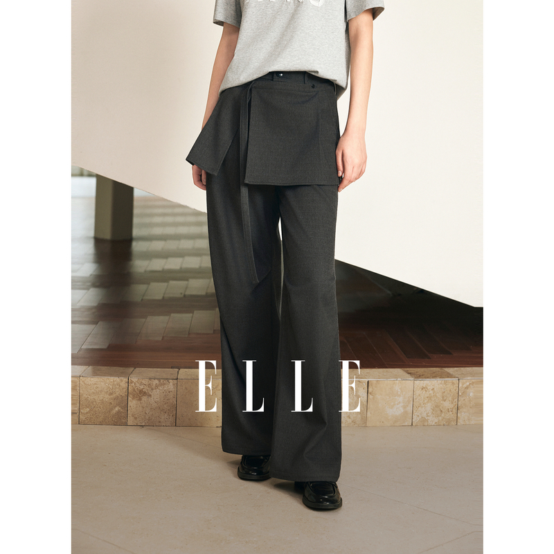 13735412.ELLE拼接半裙高腰女式休闲裤都市休闲风阔腿裙裤