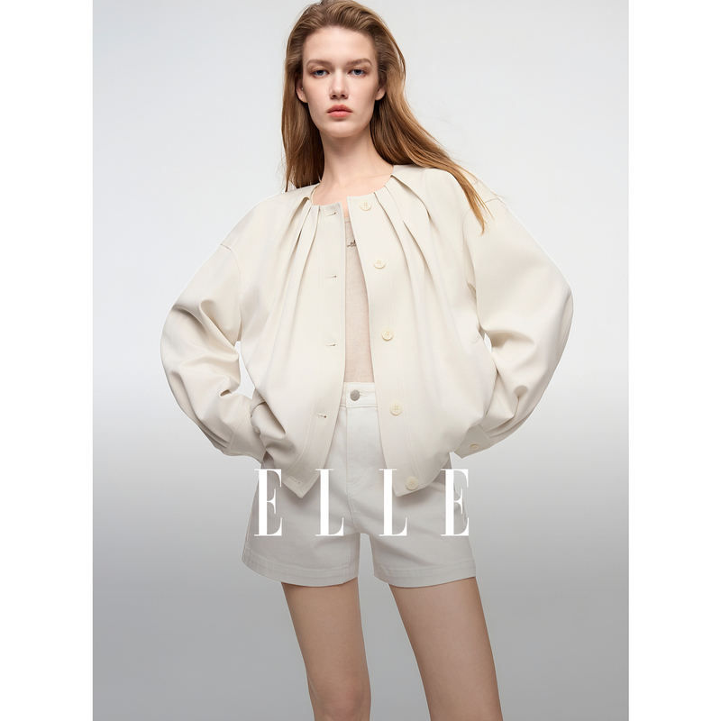 13735420.ELLE风琴褶灯笼袖女式外套都市休闲风圆领短款上衣